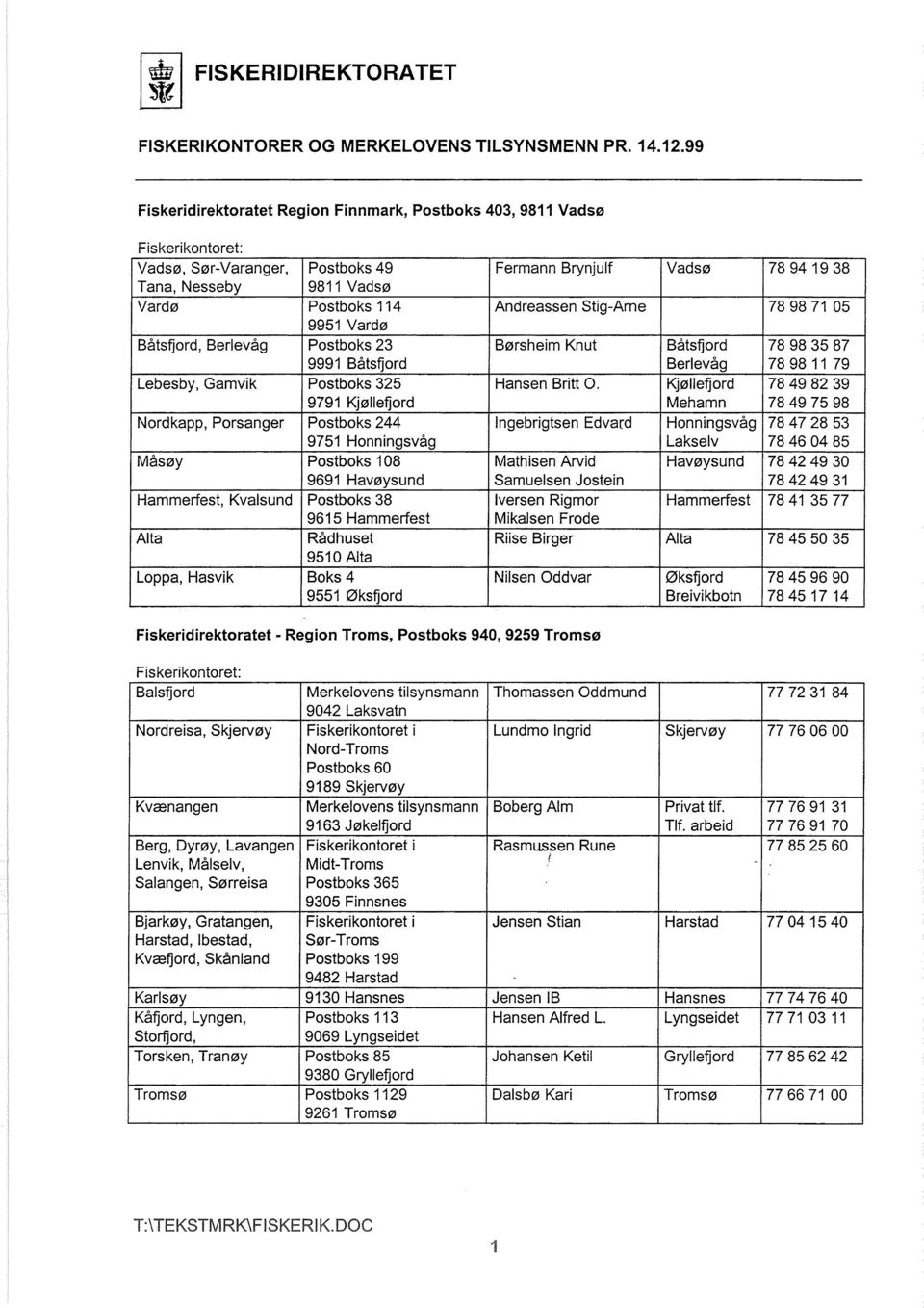 vik, Måiselv, Salangen, Sørreisa Bjarkøy, Gratangen, Harstad, Ibestad, Kvæfjord, Skånland Nord-Troms Postboks 60 9189 Skjervøy Merkelovens tilsynsmann 9163 Jøkelfjord Fiskerikontoret i Midt-Troms