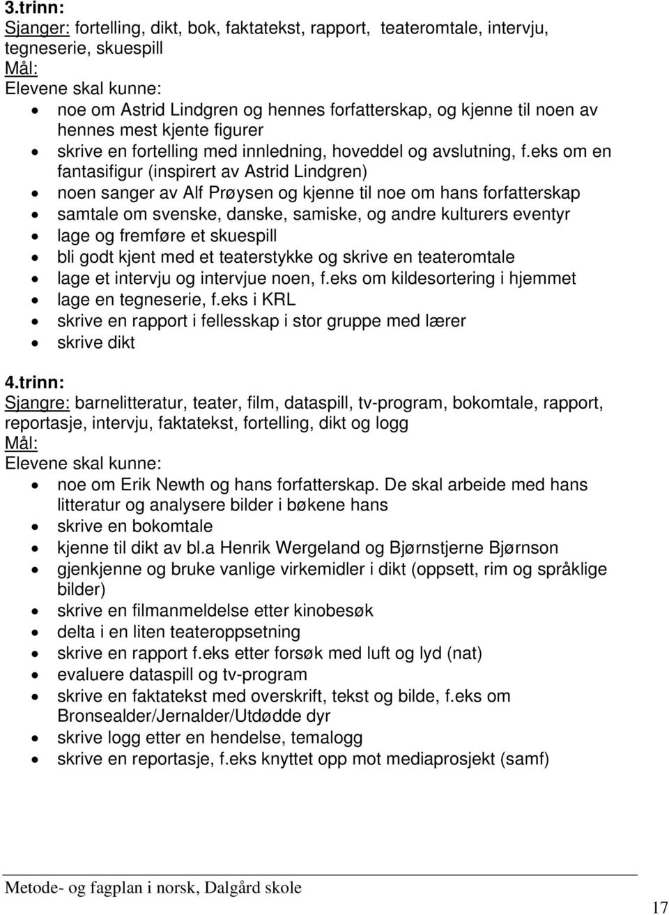 eks om en fantasifigur (inspirert av Astrid Lindgren) noen sanger av Alf Prøysen og kjenne til noe om hans forfatterskap samtale om svenske, danske, samiske, og andre kulturers eventyr lage og