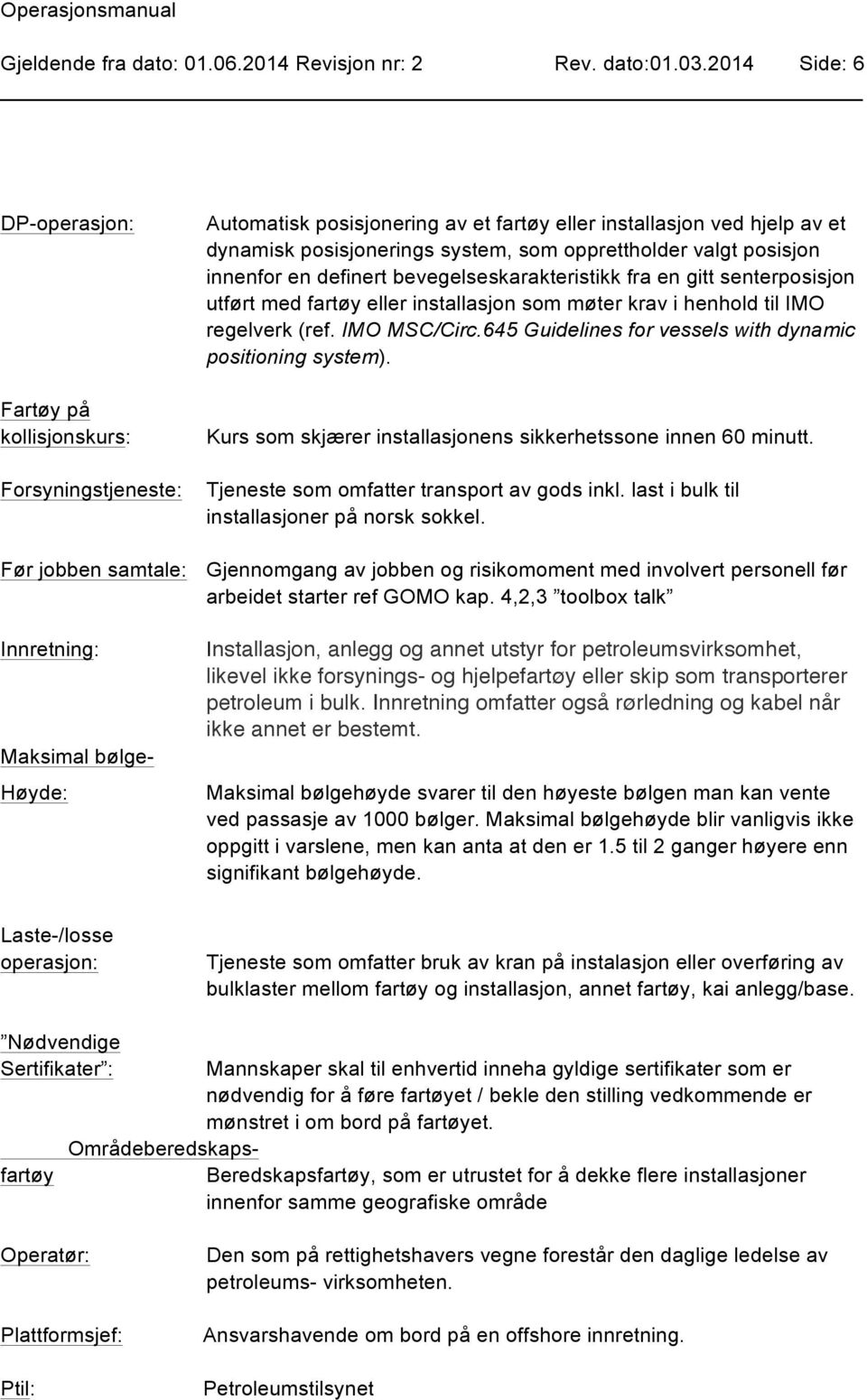 valgt posisjon innenfor en definert bevegelseskarakteristikk fra en gitt senterposisjon utført med fartøy eller installasjon som møter krav i henhold til IMO regelverk (ref. IMO MSC/Circ.