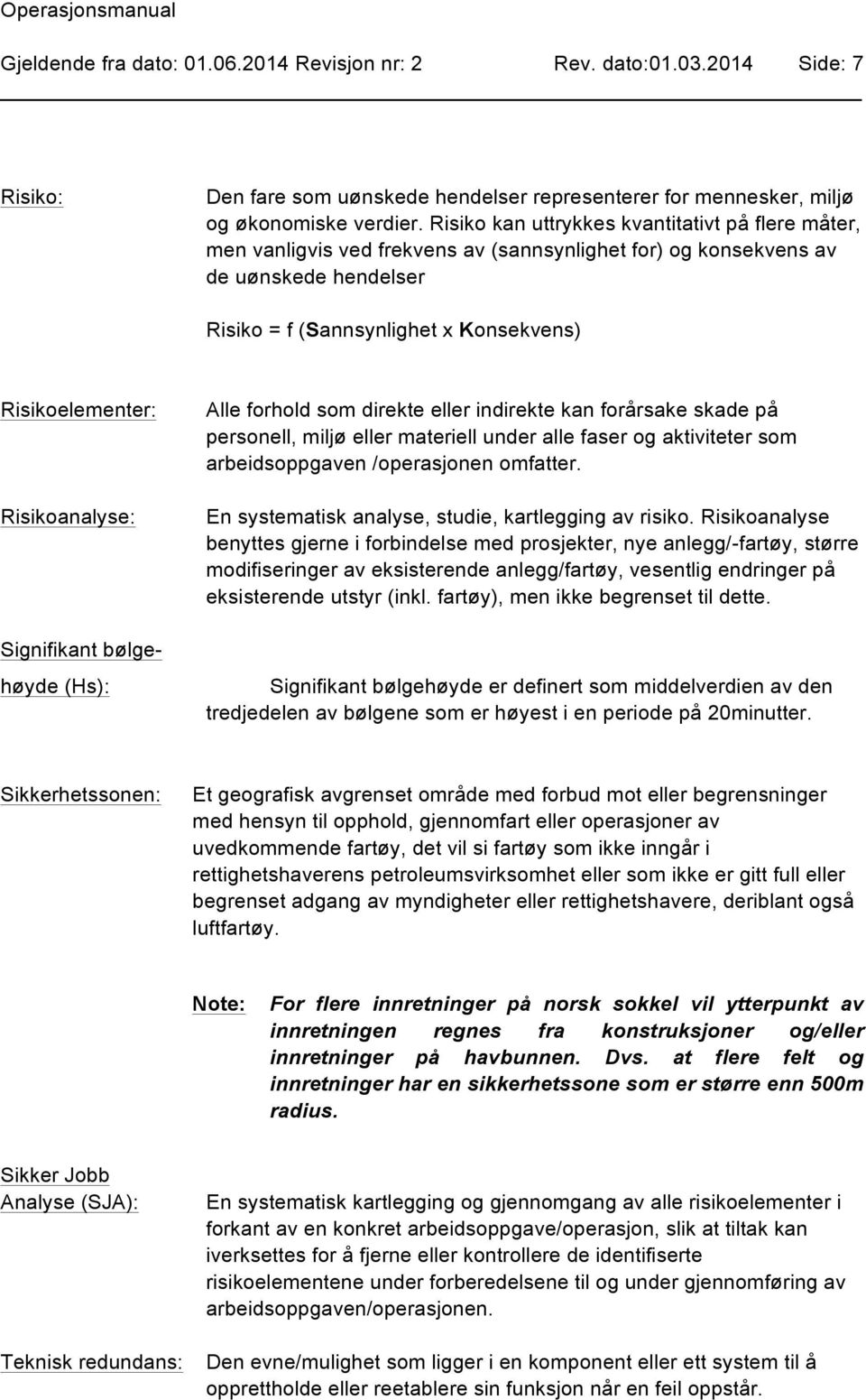 Risikoanalyse: Signifikant bølgehøyde (Hs): Alle forhold som direkte eller indirekte kan forårsake skade på personell, miljø eller materiell under alle faser og aktiviteter som arbeidsoppgaven