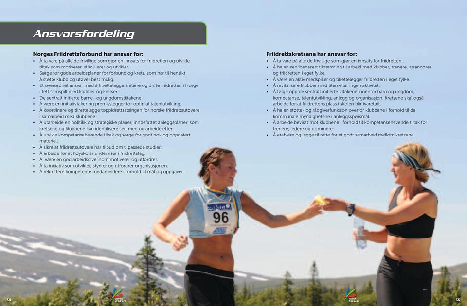 Et overordnet ansvar med å tilrettelegge, initiere og drifte friidretten i Norge i tett samspill med klubber og kretser. De sentralt initierte barne- og ungdomstiltakene.
