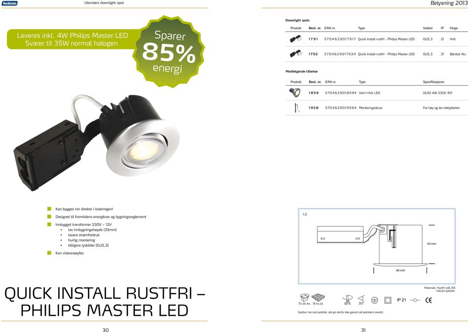 Master LED GU5,3 21 Børstet Alu Medfølgende tilbehør Produkt Best. nr. EAN nr.