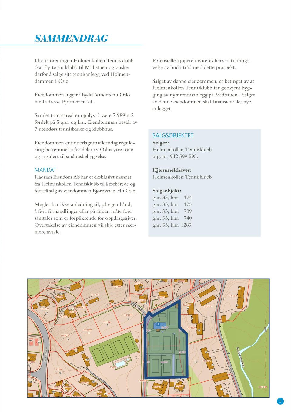 Salget av denne eiendommen, er betinget av at Holmenkollen Tennisklubb får godkjent bygging av nytt tennisanlegg på Midtstuen. Salget av denne eiendommen skal finansiere det nye anlegget.