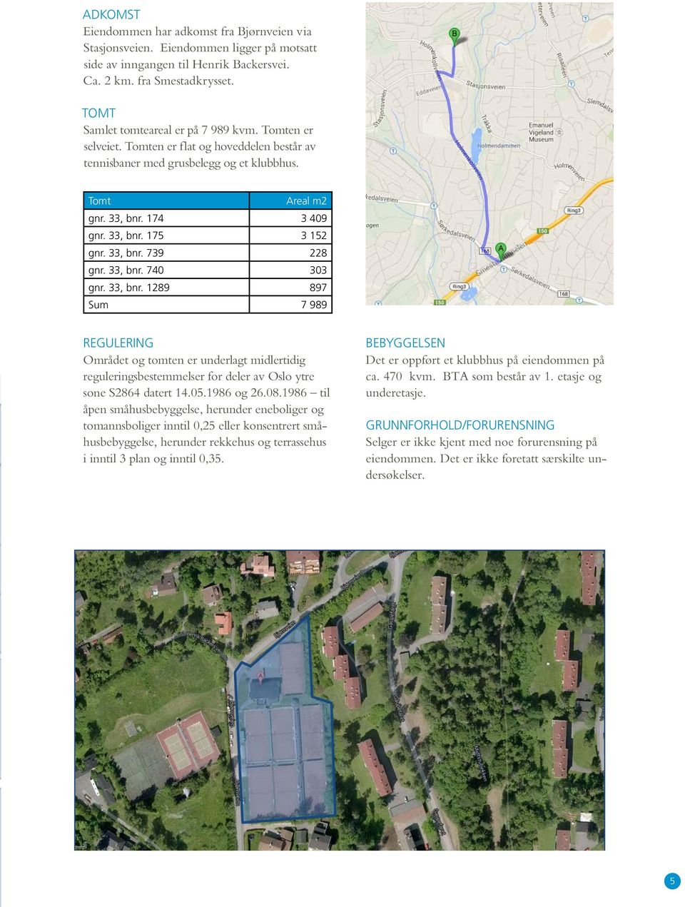 33, bnr. 739 228 gnr. 33, bnr. 740 303 gnr. 33, bnr. 1289 897 Sum 7 989 REGULERING Området og tomten er underlagt midlertidig reguleringsbestemmelser for deler av Oslo ytre sone S2864 datert 14.05.