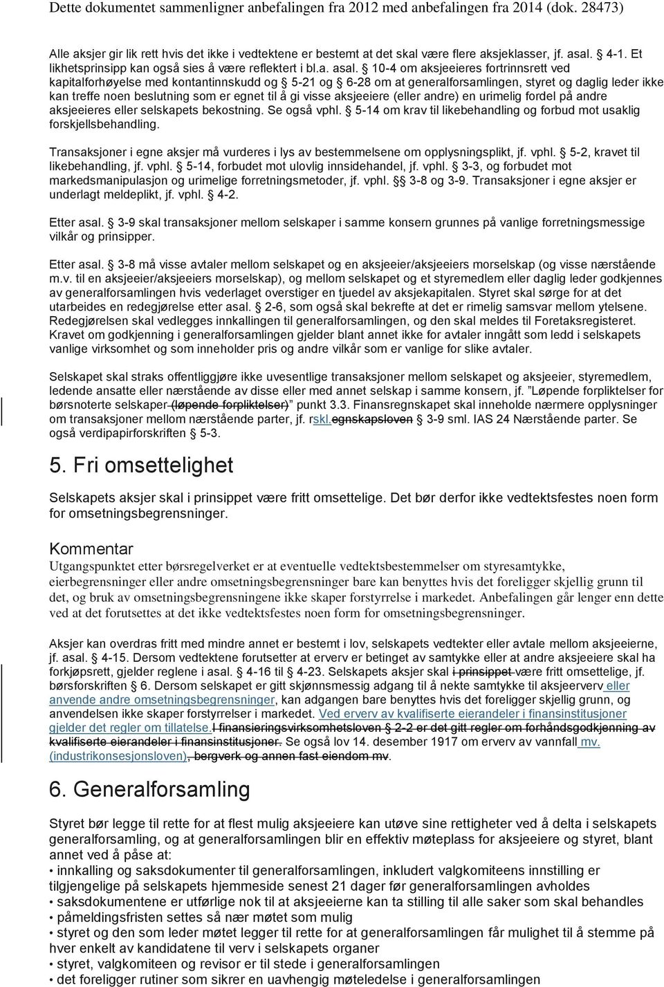 10-4 om aksjeeieres fortrinnsrett ved kapitalforhøyelse med kontantinnskudd og 5-21 og 6-28 om at generalforsamlingen, styret og daglig leder ikke kan treffe noen beslutning som er egnet til å gi