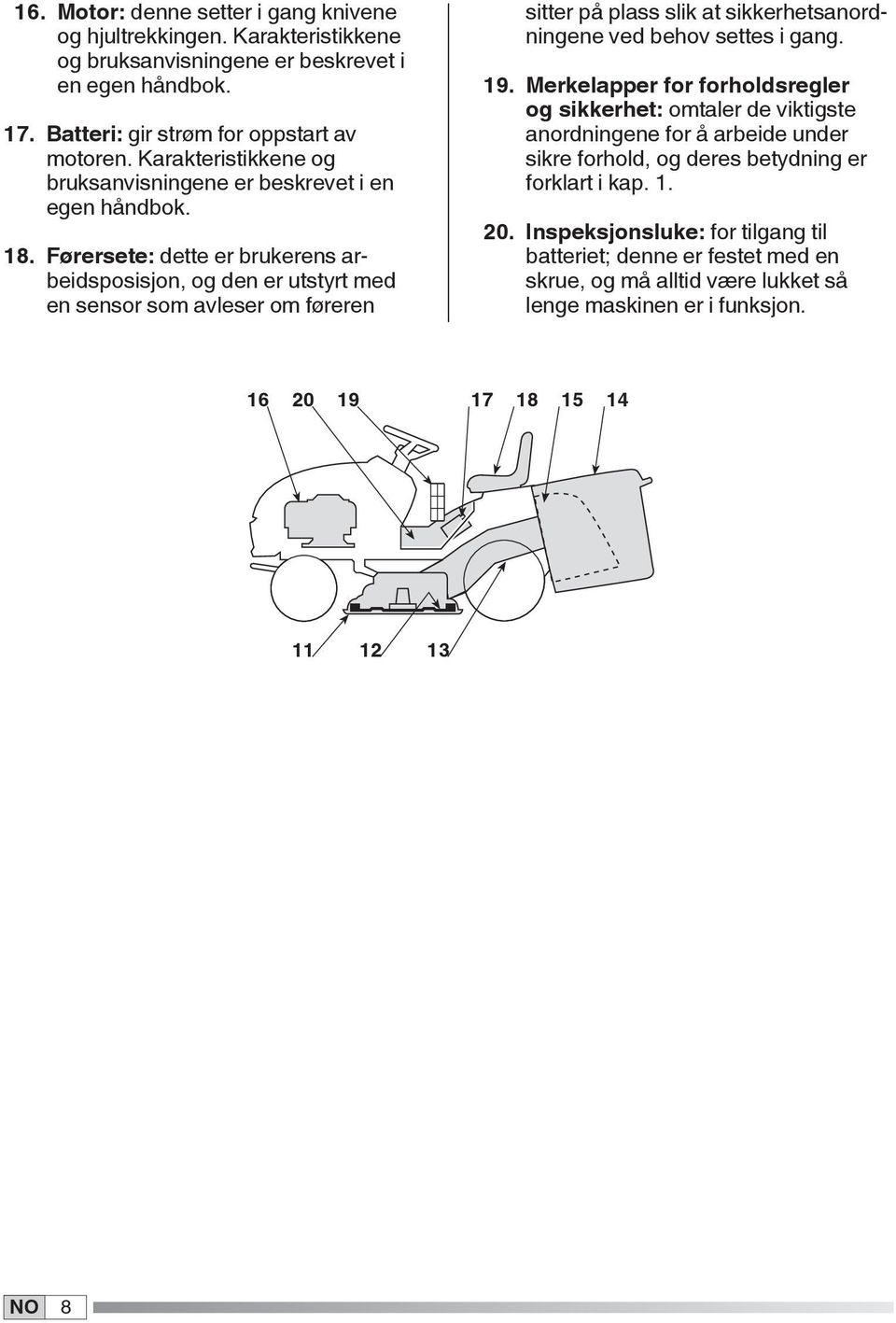 Førersete: dette er brukerens arbeidsposisjon, og den er utstyrt med en sensor som avleser om føreren sitter på plass slik at sikkerhetsanordningene ved behov settes i gang. 9.