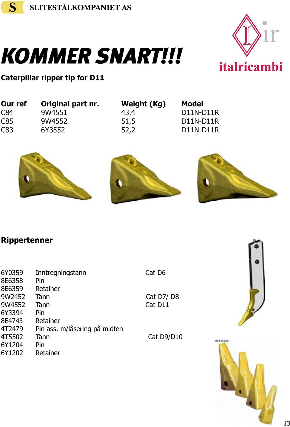 Rippertenner 6Y0359 Inntregningstann Cat D6 8E6358 Pin 8E6359 Retainer 9W2452 Tann Cat D7/ D8