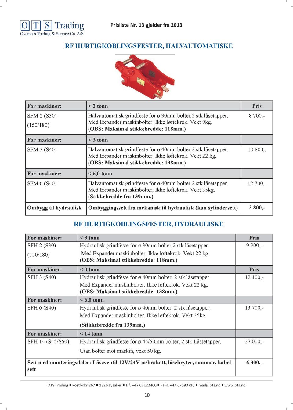 Med Expander maskinbolter. Ikke løftekrok. Vekt 22 kg. (OBS: Maksimal stikkebredde: 138mm.) < 6,0 tonn Halvautomatisk grindfeste for ø 40mm bolter,2 stk låsetapper.