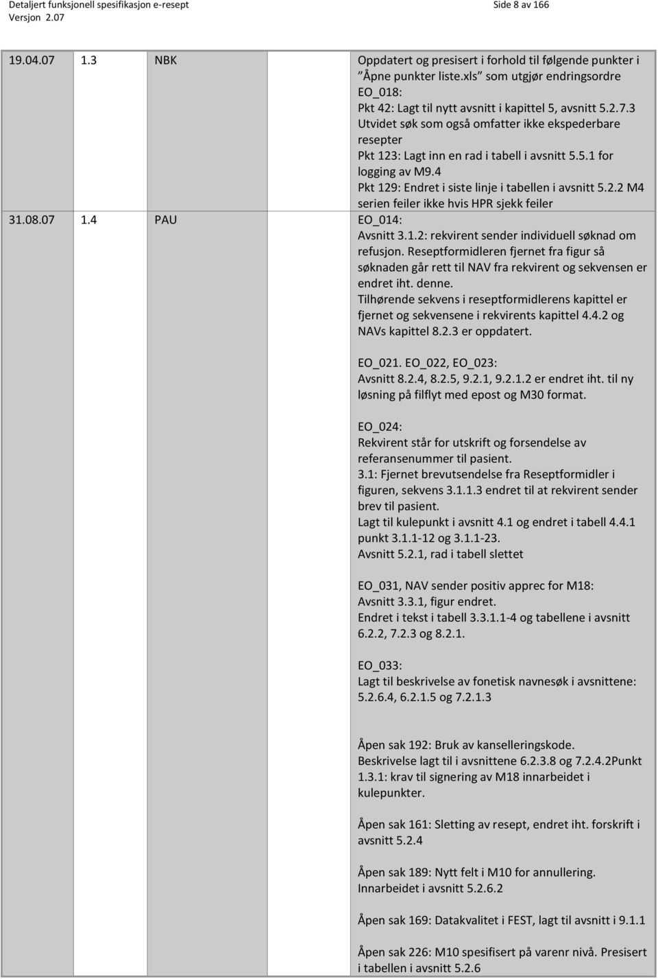 5.1 for logging av M9.4 Pkt 129: Endret i siste linje i tabellen i avsnitt 5.2.2 M4 serien feiler ikke hvis HPR sjekk feiler 31.08.07 1.4 PAU EO_014: Avsnitt 3.1.2: rekvirent sender individuell søknad om refusjon.