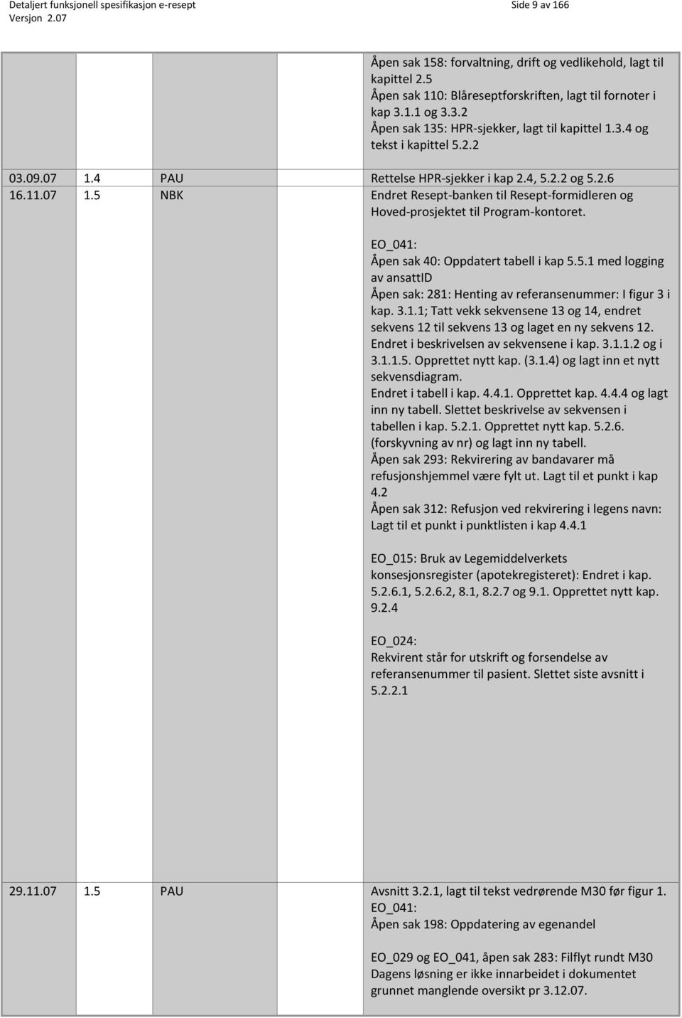 4, 5.2.2 og 5.2.6 16.11.07 1.5 NBK Endret Resept-banken til Resept-formidleren og Hoved-prosjektet til Program-kontoret. EO_041: Åpen sak 40: Oppdatert tabell i kap 5.5.1 med logging av ansattid Åpen sak: 281: Henting av referansenummer: I figur 3 i kap.