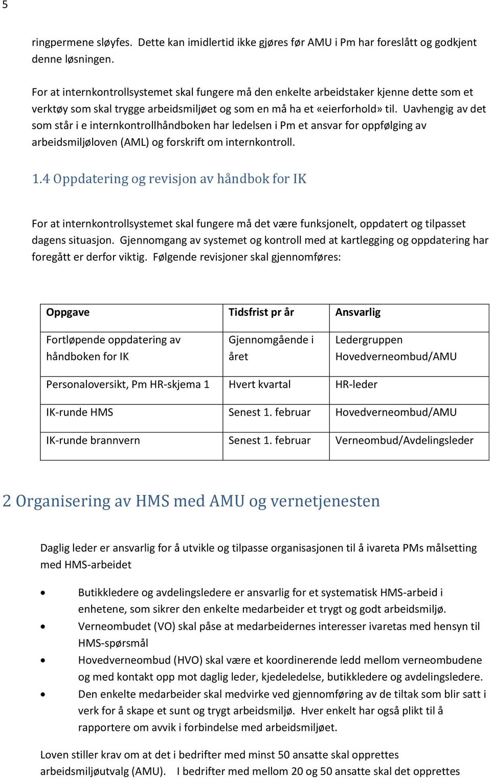 Uavhengig av det som står i e internkontrollhåndboken har ledelsen i Pm et ansvar for oppfølging av arbeidsmiljøloven (AML) og forskrift om internkontroll. 1.