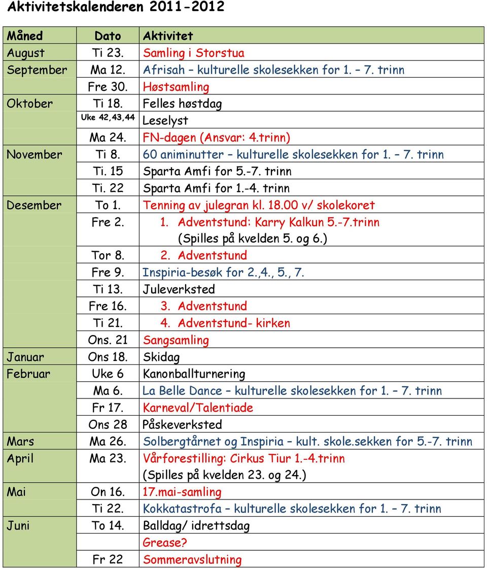 -4. trinn Desember To 1. Tenning av julegran kl. 18.00 v/ skolekoret Fre 2. 1. Adventstund: Karry Kalkun 5.-7.trinn (Spilles på kvelden 5. og 6.) Tor 8. 2. Adventstund Fre 9. Inspiria-besøk for 2.,4.