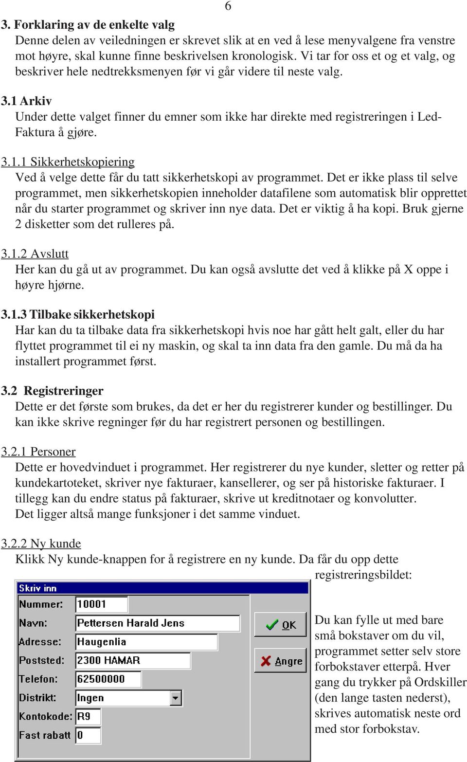 1 Arkiv Under dette valget finner du emner som ikke har direkte med registreringen i Led- Faktura å gjøre. 3.1.1 Sikkerhetskopiering Ved å velge dette får du tatt sikkerhetskopi av programmet.