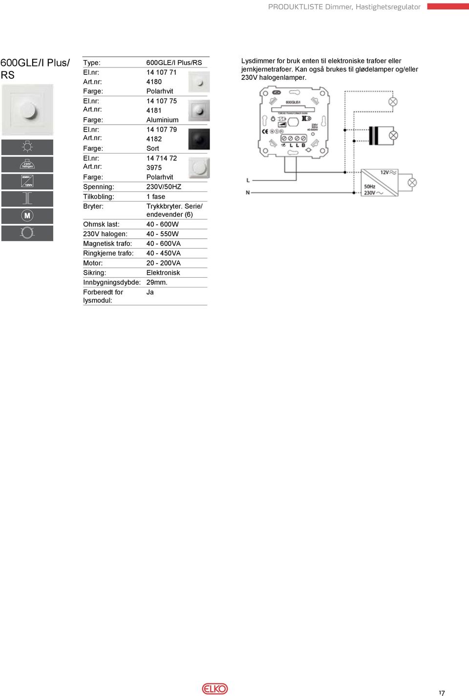 Serie/ endevender (6) Ohmsk last: 40-600W 230V halogen: 40-550W Magnetisk trafo: 40-600VA Ringkjerne trafo: 40-450VA Motor: 20-200VA Sikring: Elektronisk