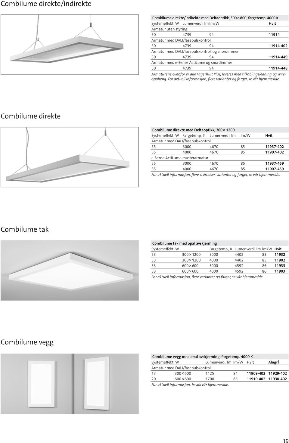 11914-449 Armatur med e-sense ActiLume og snordimmer 50 4739 94 11914-448 Armaturene ovenfor er alle Fagerhult Plus, leveres med tilkoblingsledning og wireoppheng.