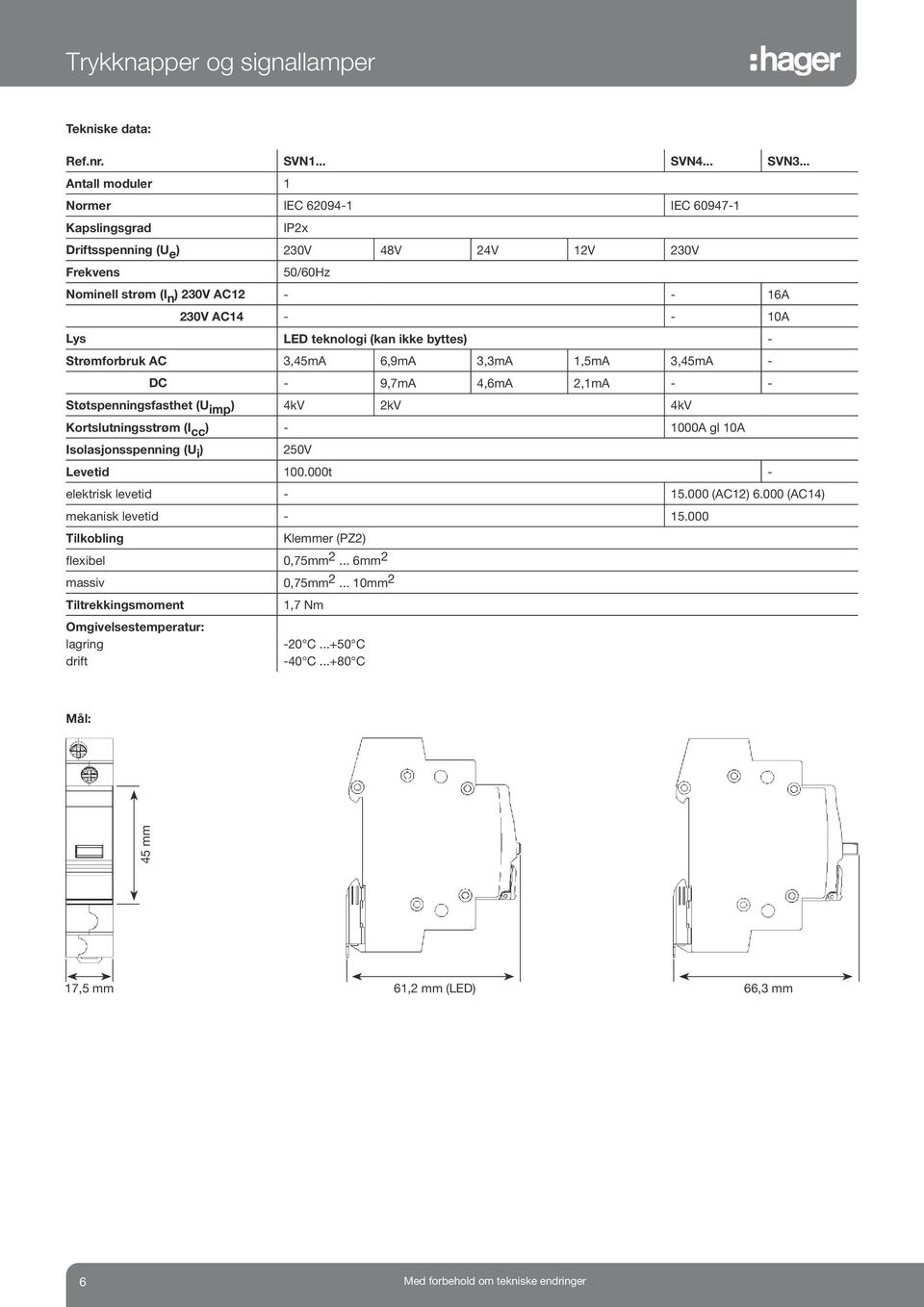 teknologi (kan ikke byttes) - Strømforbruk AC 3,45mA 6,9mA 3,3mA 1,5mA 3,45mA - DC - 9,7mA 4,6mA 2,1mA - - Støtspenningsfasthet (U imp ) 4kV 2kV 4kV Kortslutningsstrøm (I cc ) - 1000A gl 10A