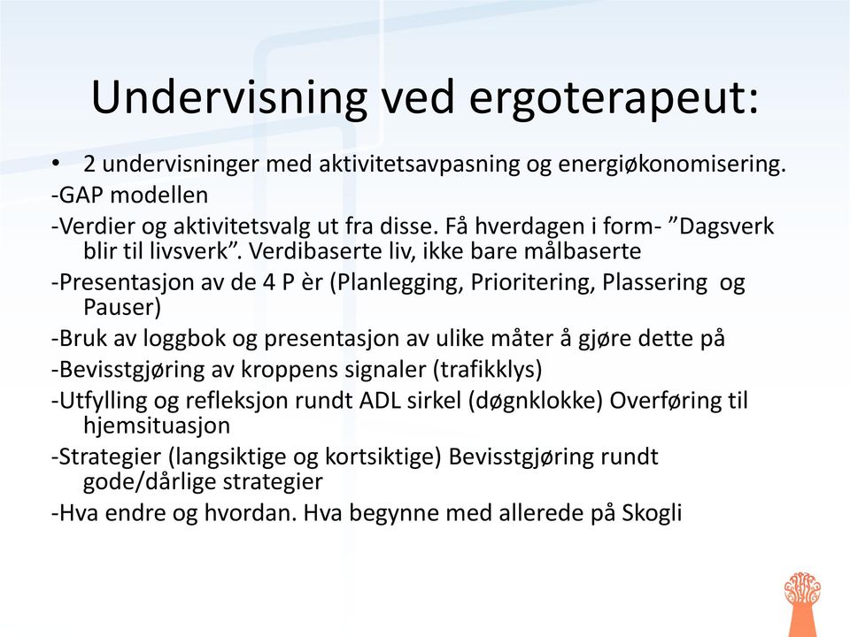 Verdibaserte liv, ikke bare målbaserte -Presentasjon av de 4 P èr (Planlegging, Prioritering, Plassering og Pauser) -Bruk av loggbok og presentasjon av ulike måter