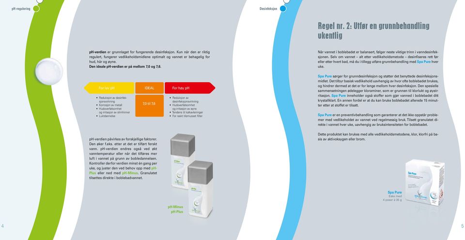 For lav ph IDEAL For høy ph Reduksjon av desinfeksjonsvirkning Korrosjon av metall Hudoverfølsomhet og irritasjon av slimhinner Luktdannelse 7,0 til 7,6 ph-verdien påvirkes av forskjellige faktorer.