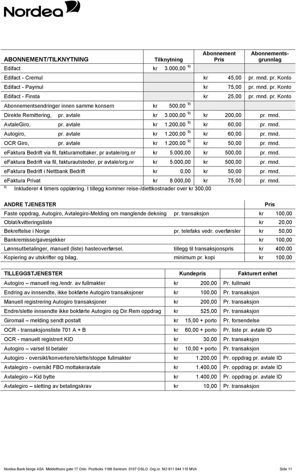 avtale kr 1.200,00 9) kr 60,00 pr. mnd. OCR Giro, pr. avtale kr 1.200,00 9) kr 50,00 pr. mnd. efaktura Bedrift via fil, fakturamottaker, pr avtale/org.nr kr 5.000,00 kr 500,00 pr. mnd. efaktura Bedrift via fil, fakturautsteder, pr avtale/org.