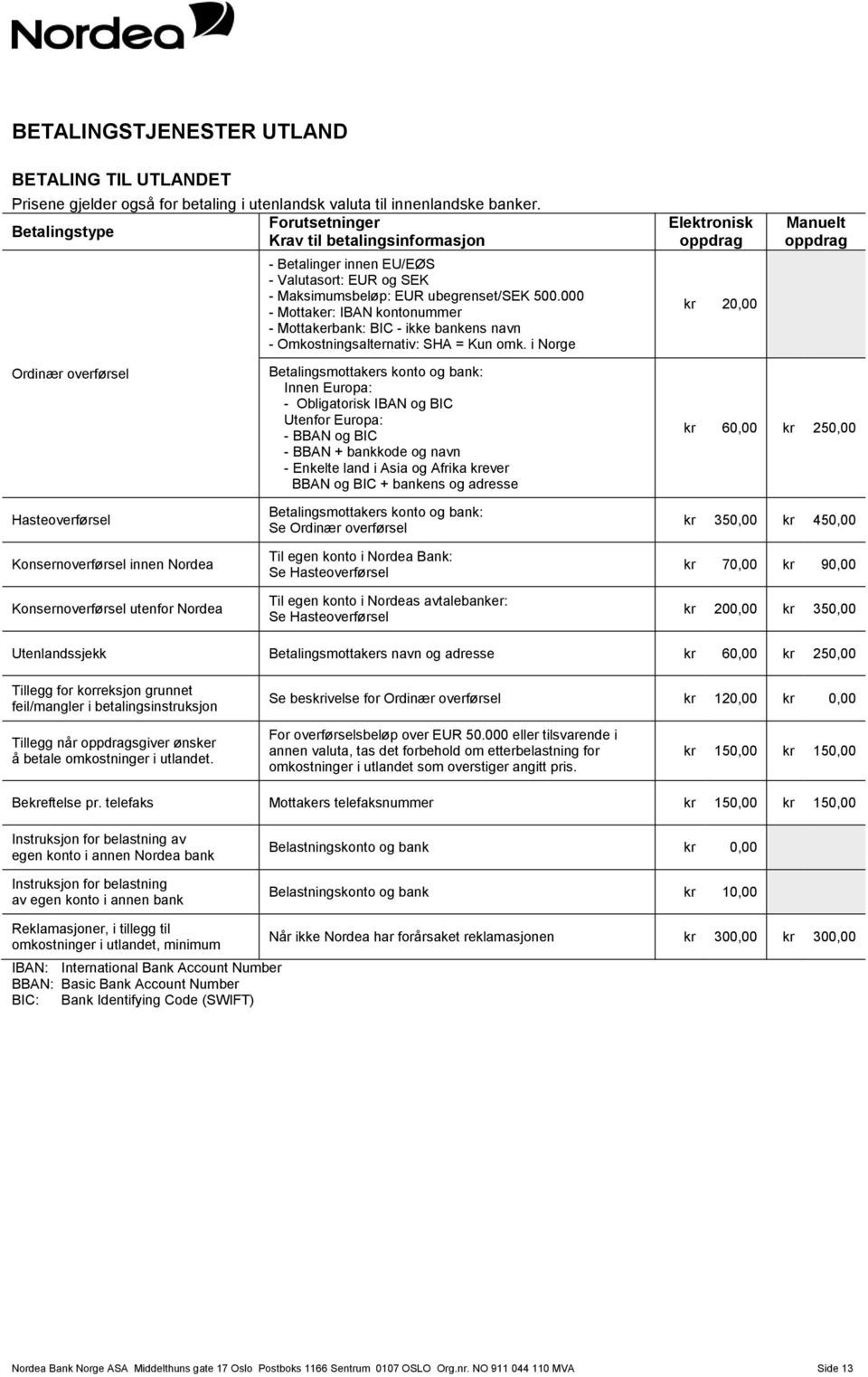 000 - Mottaker: IBAN kontonummer - Mottakerbank: BIC - ikke bankens navn - Omkostningsalternativ: SHA = Kun omk.