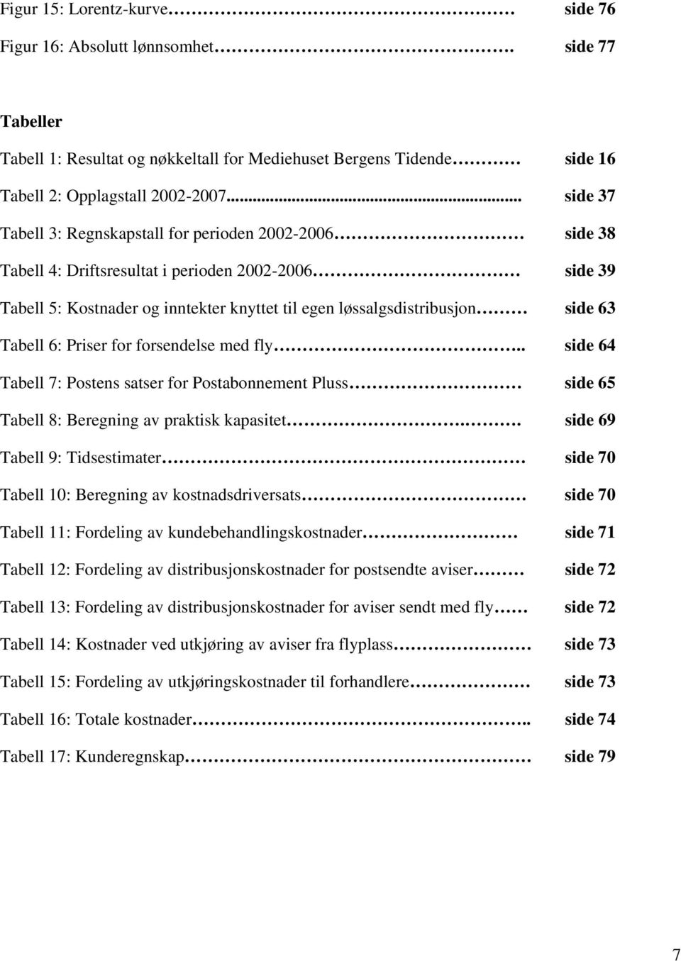 Tabell 6: Priser for forsendelse med fly.. side 64 Tabell 7: Postens satser for Postabonnement Pluss side 65 Tabell 8: Beregning av praktisk kapasitet.