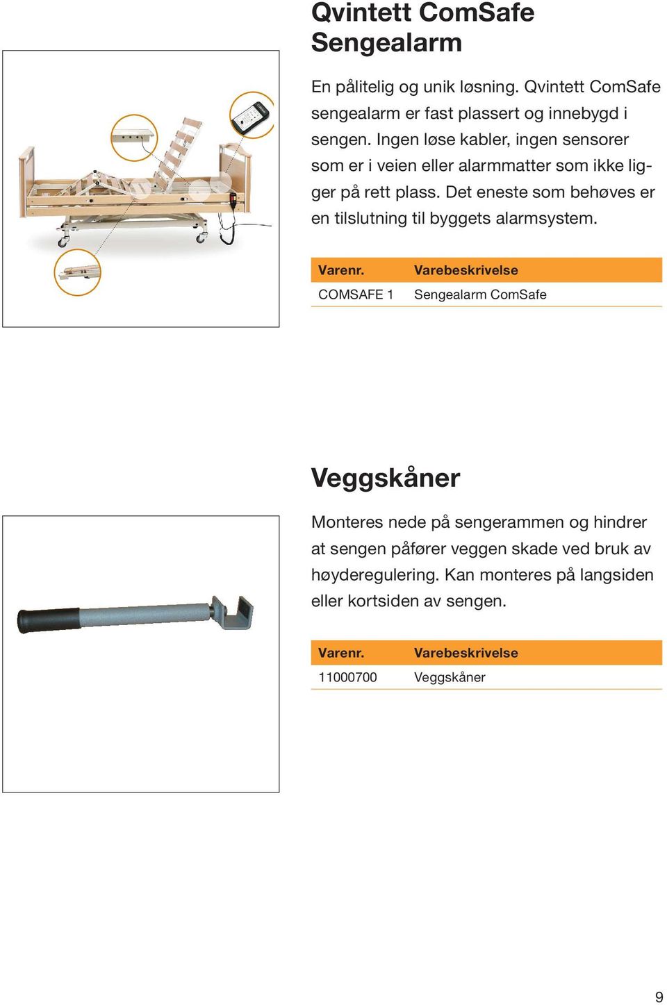 COMSAFE 1 Sengealarm ComSafe En pålitelig og unik løsning der Qvintett ComSafe sengealarm er fast plassert og innebygd i sengen.