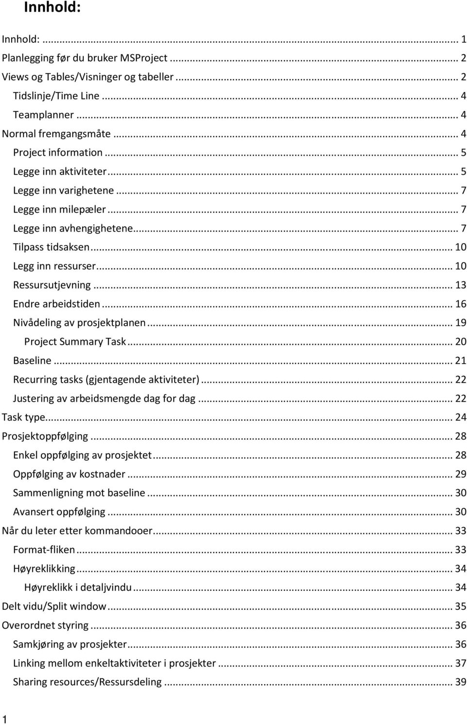 .. 13 Endre arbeidstiden... 16 Nivådeling av prosjektplanen... 19 Project Summary Task... 20 Baseline... 21 Recurring tasks (gjentagende aktiviteter)... 22 Justering av arbeidsmengde dag for dag.