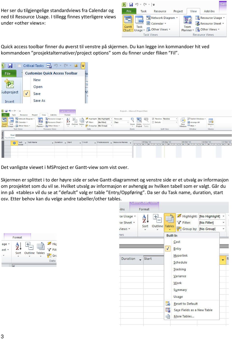 Du kan legge inn kommandoer hit ved kommandoen prosjektalternativer/project options som du finner under fliken Fil. Det vanligste viewet i MSProject er Gantt-view som vist over.