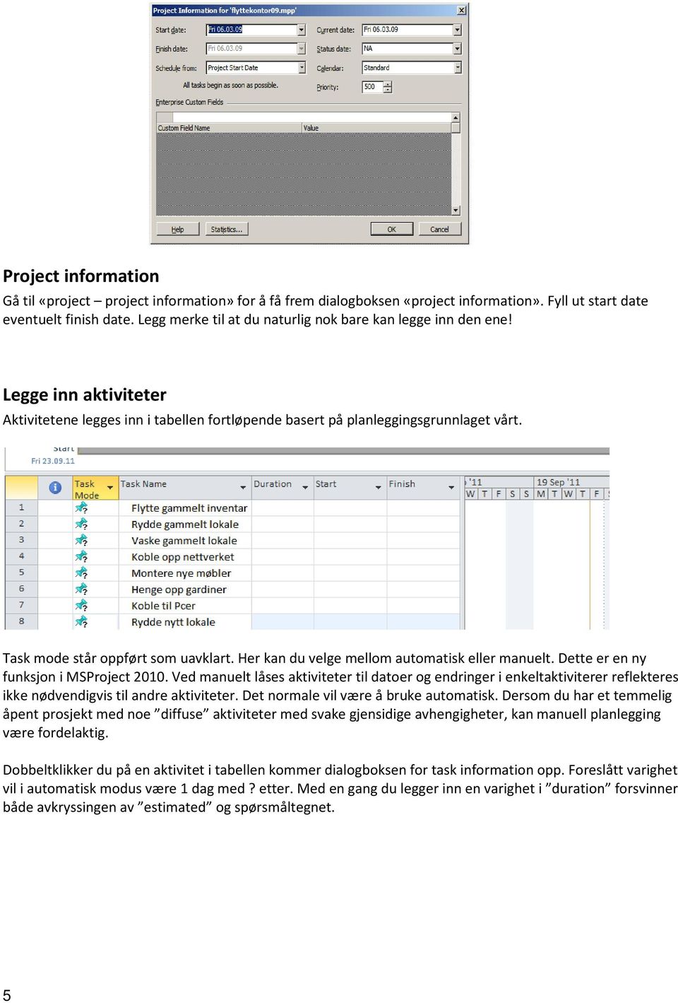 Task mode står oppført som uavklart. Her kan du velge mellom automatisk eller manuelt. Dette er en ny funksjon i MSProject 2010.