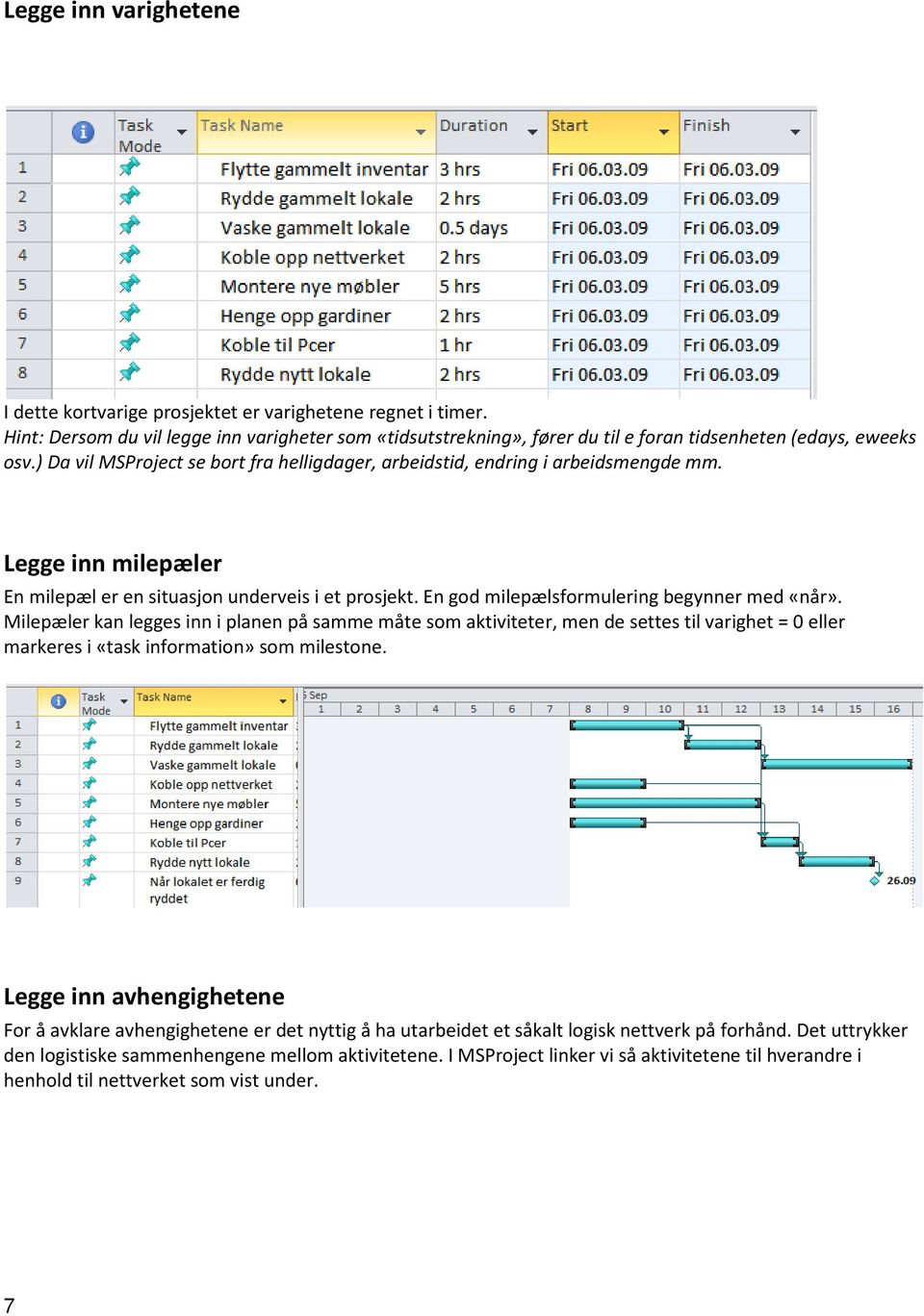 En god milepælsformulering begynner med «når». Milepæler kan legges inn i planen på samme måte som aktiviteter, men de settes til varighet = 0 eller markeres i «task information» som milestone.