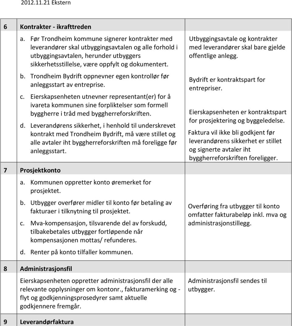 Trondheim Bydrift oppnevner egen kontrollør før anleggsstart av entreprise. c.