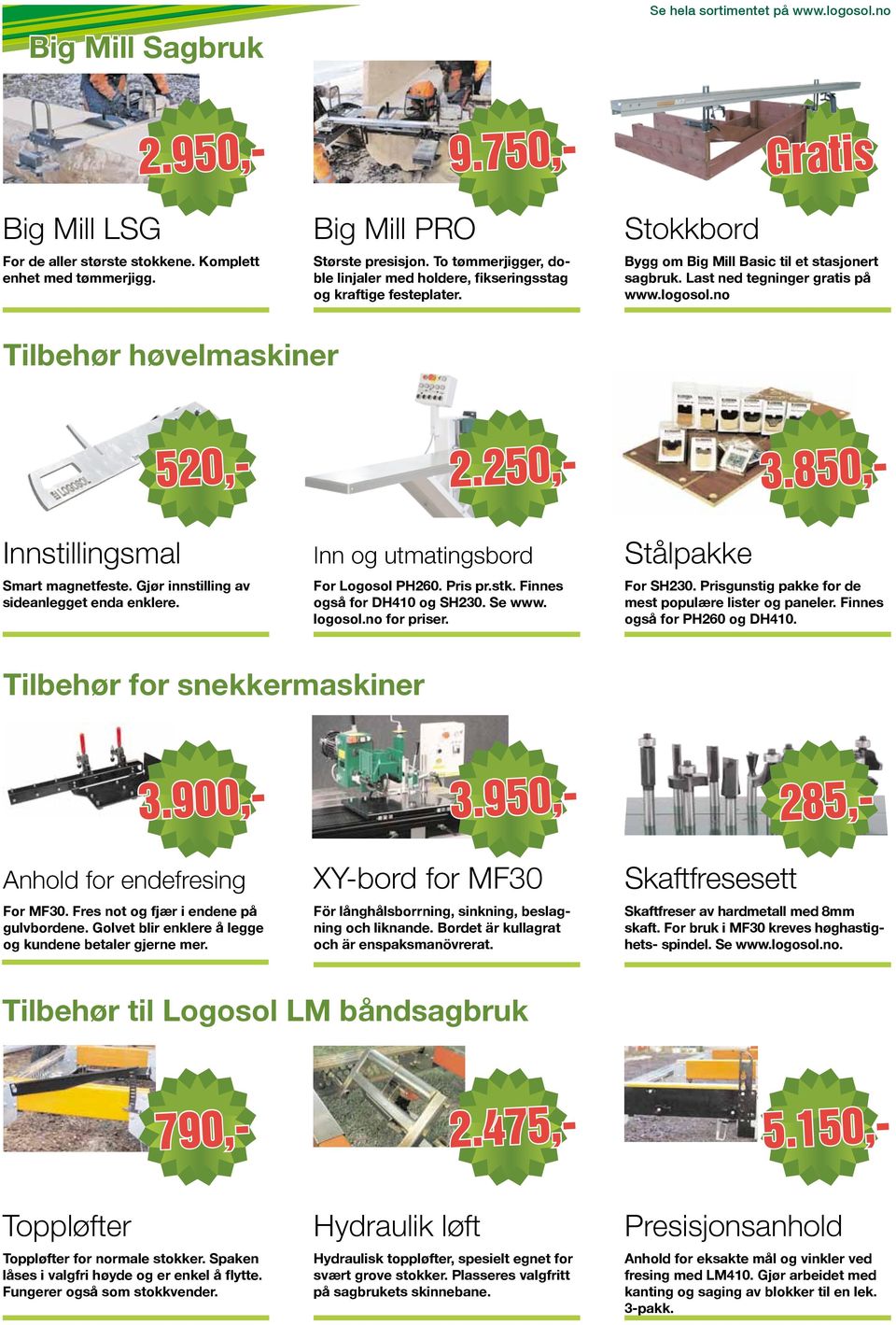 no Tilbehør høvelmaskiner 2.250,- 3.850,- Innstillingsmal Smart magnetfeste. Gjør innstilling av sideanlegget enda enklere. Inn og utmatingsbord For Logosol PH260. Pris pr.stk.