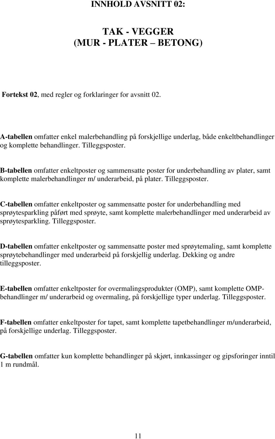 B-tabellen omfatter enkeltposter og sammensatte poster for underbehandling av plater, samt komplette malerbehandlinger m/ underarbeid, på plater. Tilleggsposter.