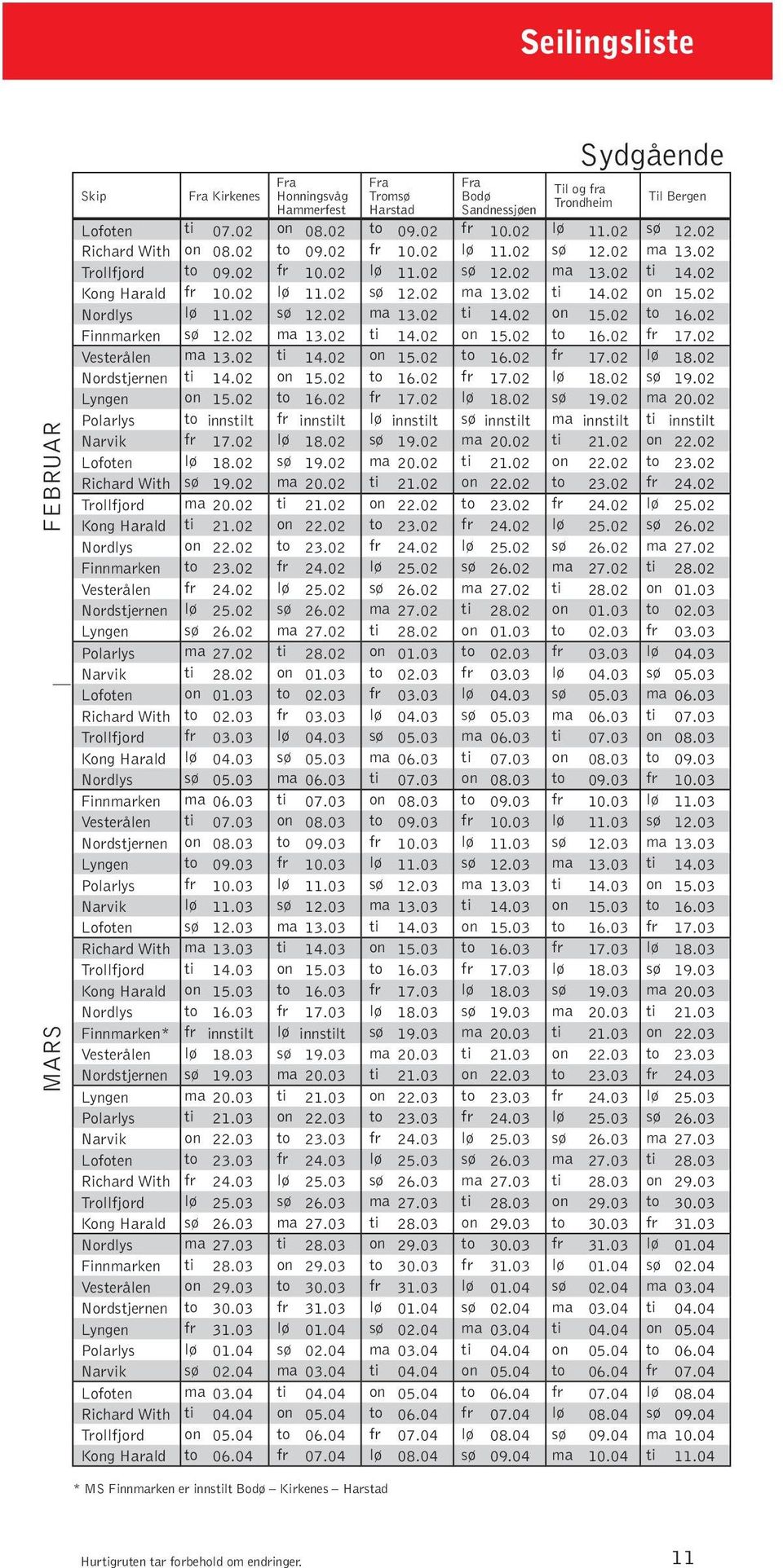 02 Nordlys lø 11.02 sø 12.02 ma 13.02 ti 14.02 on 15.02 to 16.02 Finnmarken sø 12.02 ma 13.02 ti 14.02 on 15.02 to 16.02 fr 17.02 Vesterålen ma 13.02 ti 14.02 on 15.02 to 16.02 fr 17.02 lø 18.