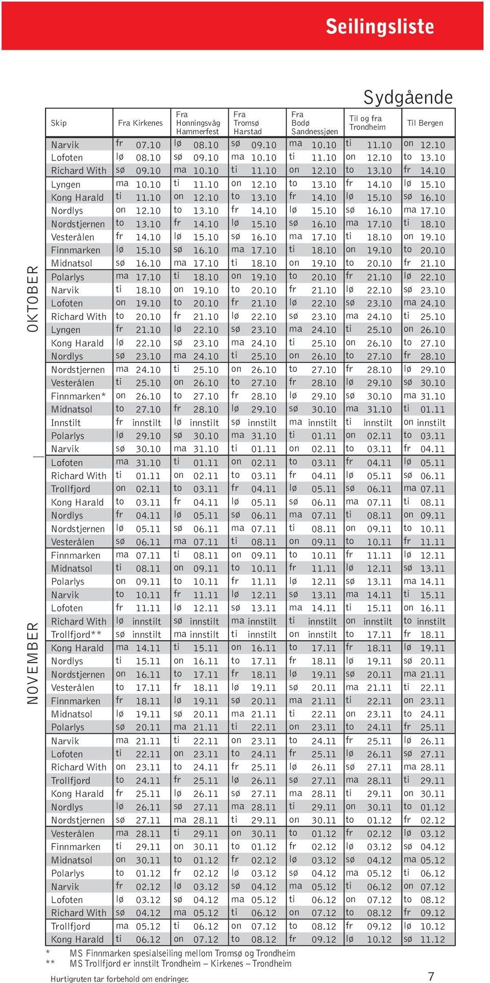 10 Kong Harald ti 11.10 on 12.10 to 13.10 fr 14.10 lø 15.10 sø 16.10 Nordlys on 12.10 to 13.10 fr 14.10 lø 15.10 sø 16.10 ma 17.10 Nordstjernen to 13.10 fr 14.10 lø 15.10 sø 16.10 ma 17.10 ti 18.