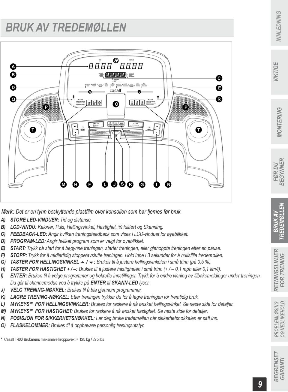 C) FEEDBACK-LED: Angir hvilken treningsfeedback som vises i LCD-vinduet for øyeblikket. D) PROGRAM-LED: Angir hvilket program som er valgt for øyeblikket.