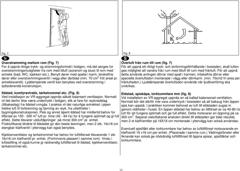 70 cm 2 fritt areal pr. avtrekksventil). Lyddempende ventil kan benyttes ved overstrømning i lydisolerende konstruksjon. Överluft från rum till rum (fig.