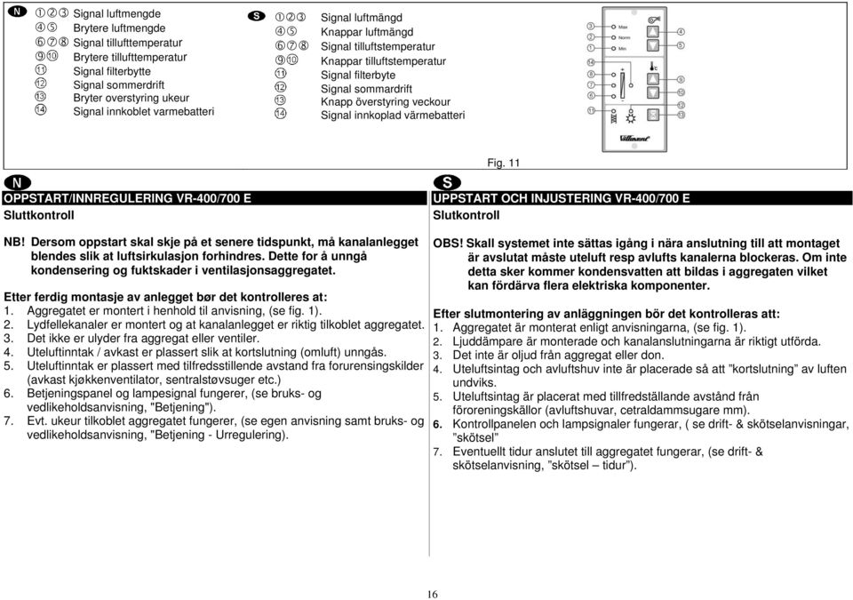 11 OPPSTART/INNREGULERING VR-400/700 E Sluttkontroll UPPSTART OCH INJUSTERING VR-400/700 E Slutkontroll NB!