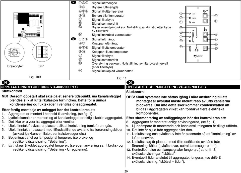 sommardrift Överstyring veckour. Nollställning av filterbytesintervall (efter filterbyte) Signal innkoplad värmebatteri Fig. 11 OPPSTART/INNREGULERING VR-400/700 E/EC Sluttkontroll NB!