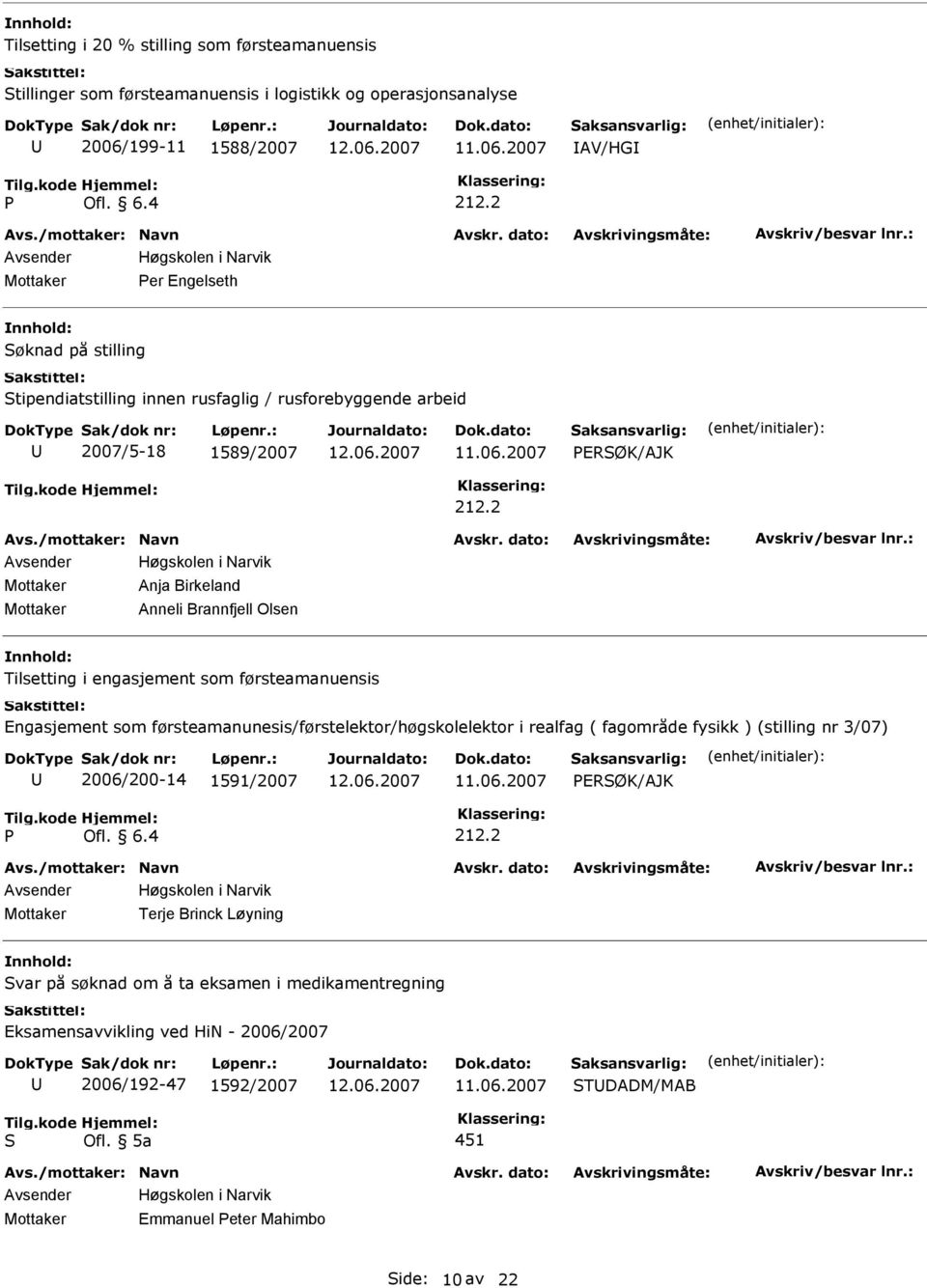 2 Mottaker Anja Birkeland Mottaker Anneli Brannfjell Olsen Tilsetting i engasjement som førsteamanuensis Engasjement som førsteamanunesis/førstelektor/høgskolelektor i