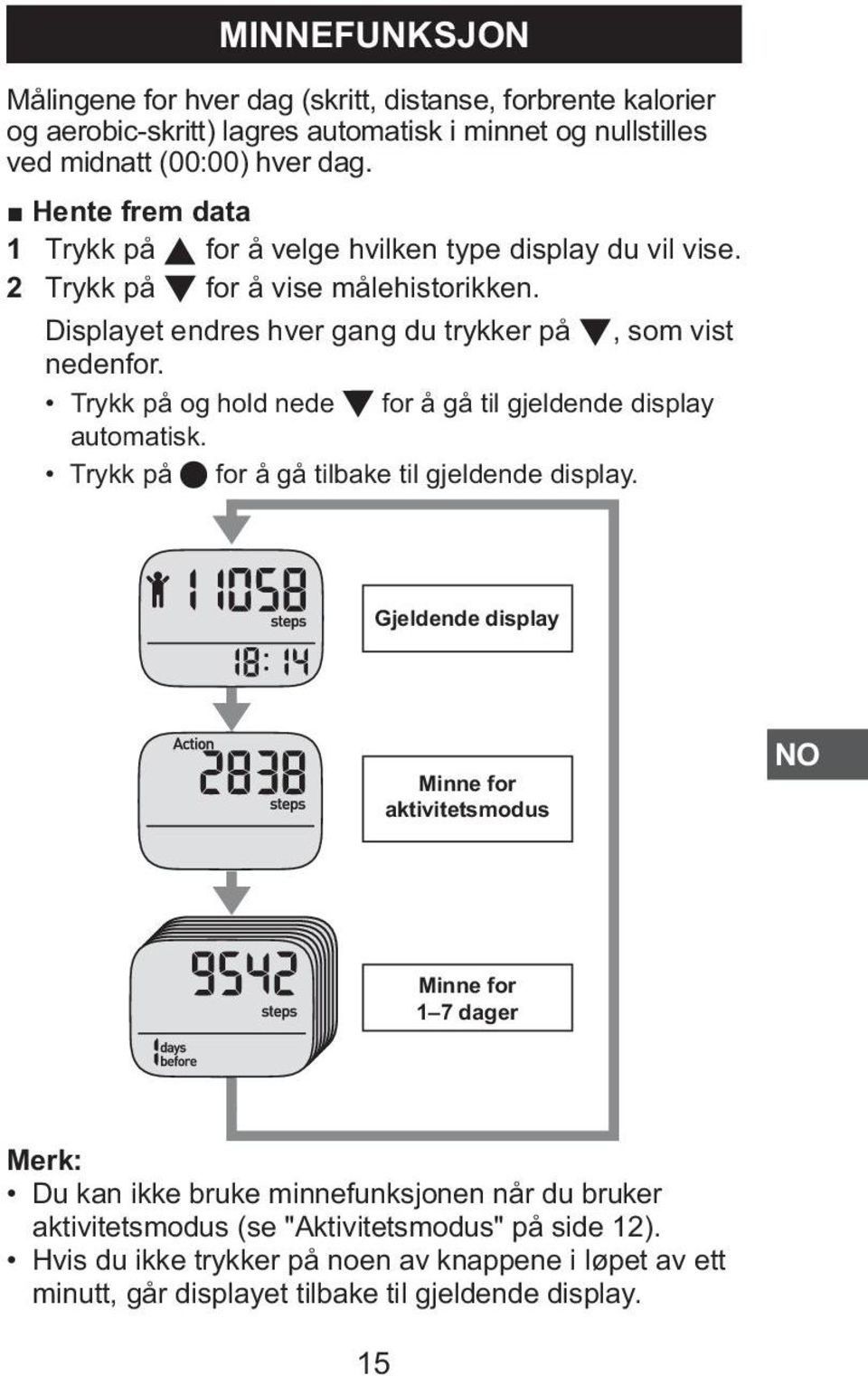 Trykk på og hold nede for å gå til gjeldende display automatisk. Trykk på for å gå tilbake til gjeldende display.