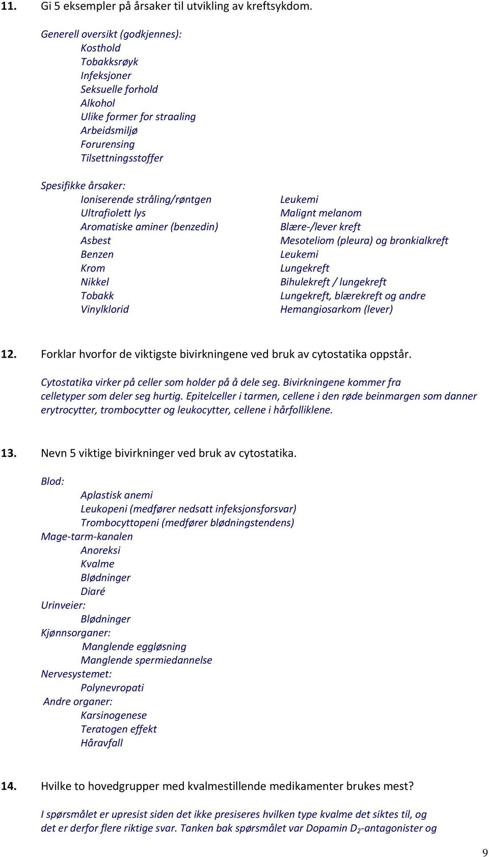 stråling/røntgen Ultrafiolett lys Aromatiske aminer (benzedin) Asbest Benzen Krom Nikkel Tobakk Vinylklorid Leukemi Malignt melanom Blære /lever kreft Mesoteliom (pleura) og bronkialkreft Leukemi