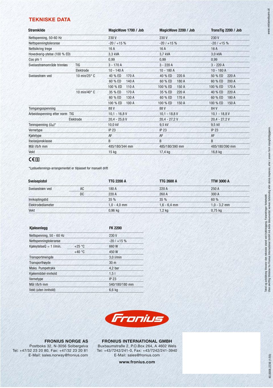 Sveisestrøm ved 10 min/25 C 40 % ED 170 A 40 % ED 220 A 50 % ED 220 A 60 % ED 140 A 60 % ED 180 A 60 % ED 200 A 100 % ED 110 A 100 % ED 150 A 100 % ED 170 A 10 min/40 C 35 % ED 170 A 35 % ED 220 A 40