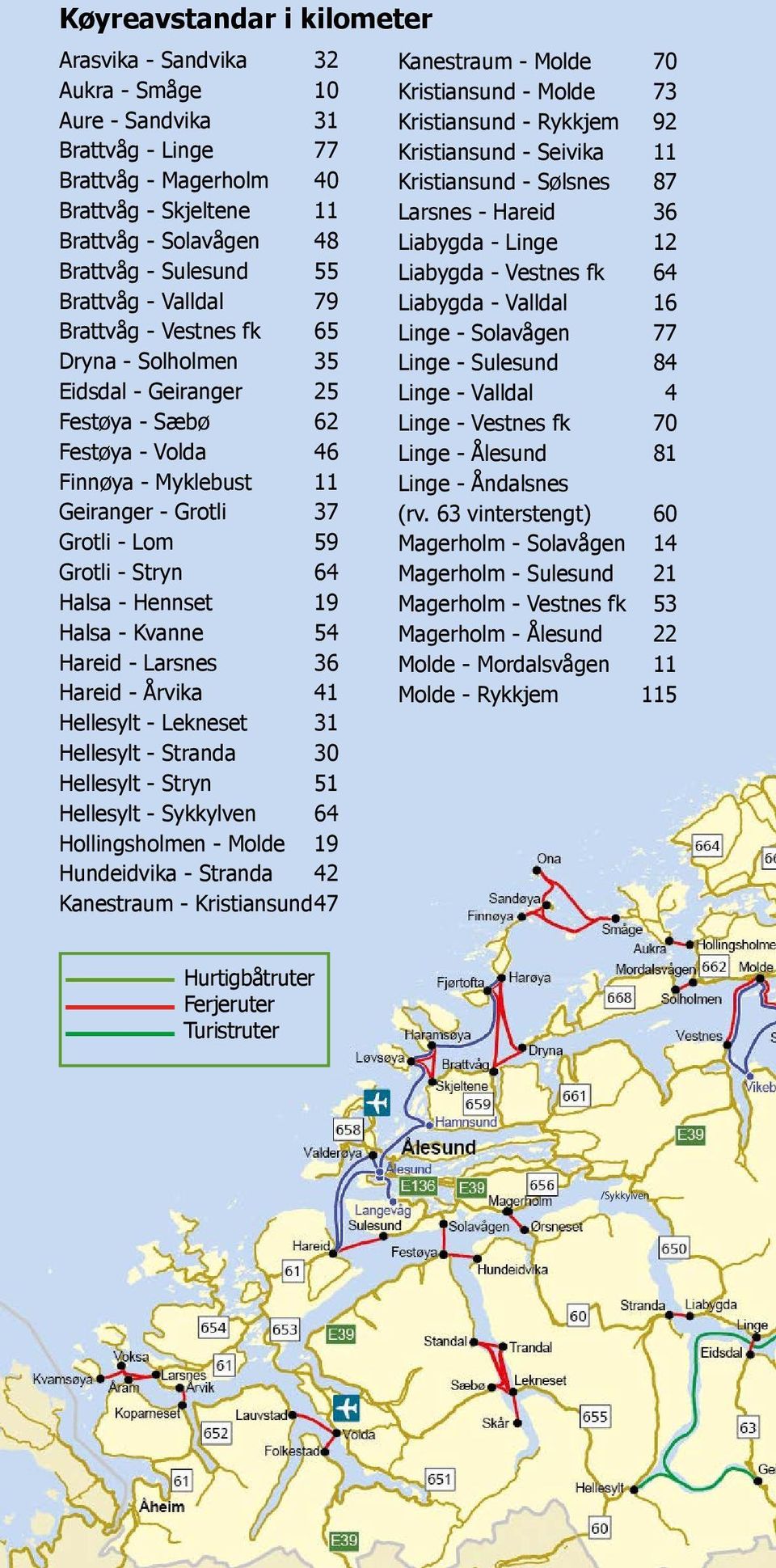 - Stryn 64 Halsa - Hennset 19 Halsa - Kvanne 54 Hareid - Larsnes 36 Hareid - Årvika 41 Hellesylt - Lekneset 31 Hellesylt - Stranda 30 Hellesylt - Stryn 51 Hellesylt - Sykkylven 64 Hollingsholmen -