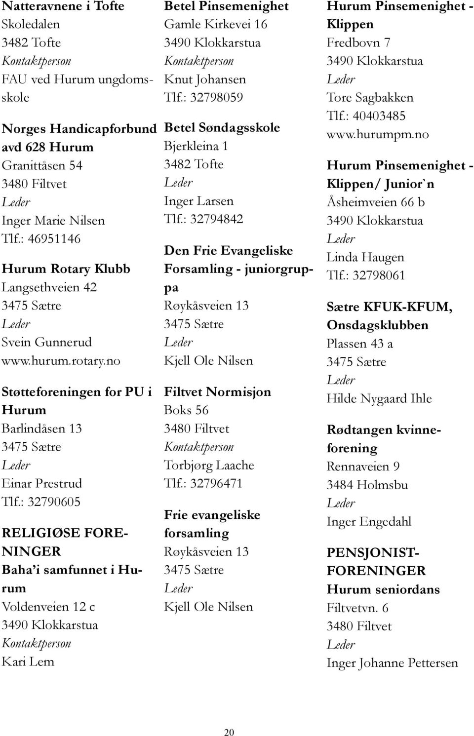 : 32790605 RELIGIØSE FORE- NINGER Baha i samfunnet i Hurum Voldenveien 12 c Kari Lem Betel Pinsemenighet Gamle Kirkevei 16 Knut Johansen Tlf.