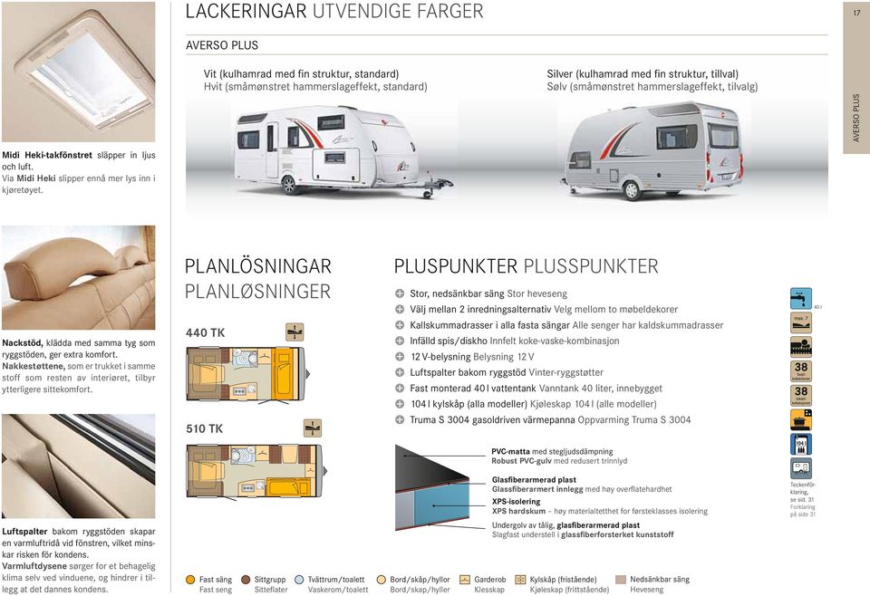 PLANLÖSNINGAR PLANLØSNINGER PLUSPUNKTER PLUSSPUNKTER Stor, nedsänkbar säng Stor heveseng Välj mellan 2 inredningsalternativ Velg mellom to møbeldekorer 40 l Nackstöd, klädda med samma tyg som