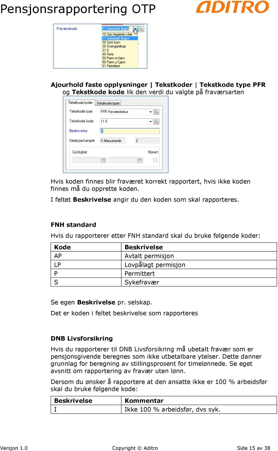 FNH standard Hvis du rapporterer etter FNH standard skal du bruke følgende koder: Kode AP LP P S Beskrivelse Avtalt permisjon Lovpålagt permisjon Permittert Sykefravær Se egen Beskrivelse pr. selskap.