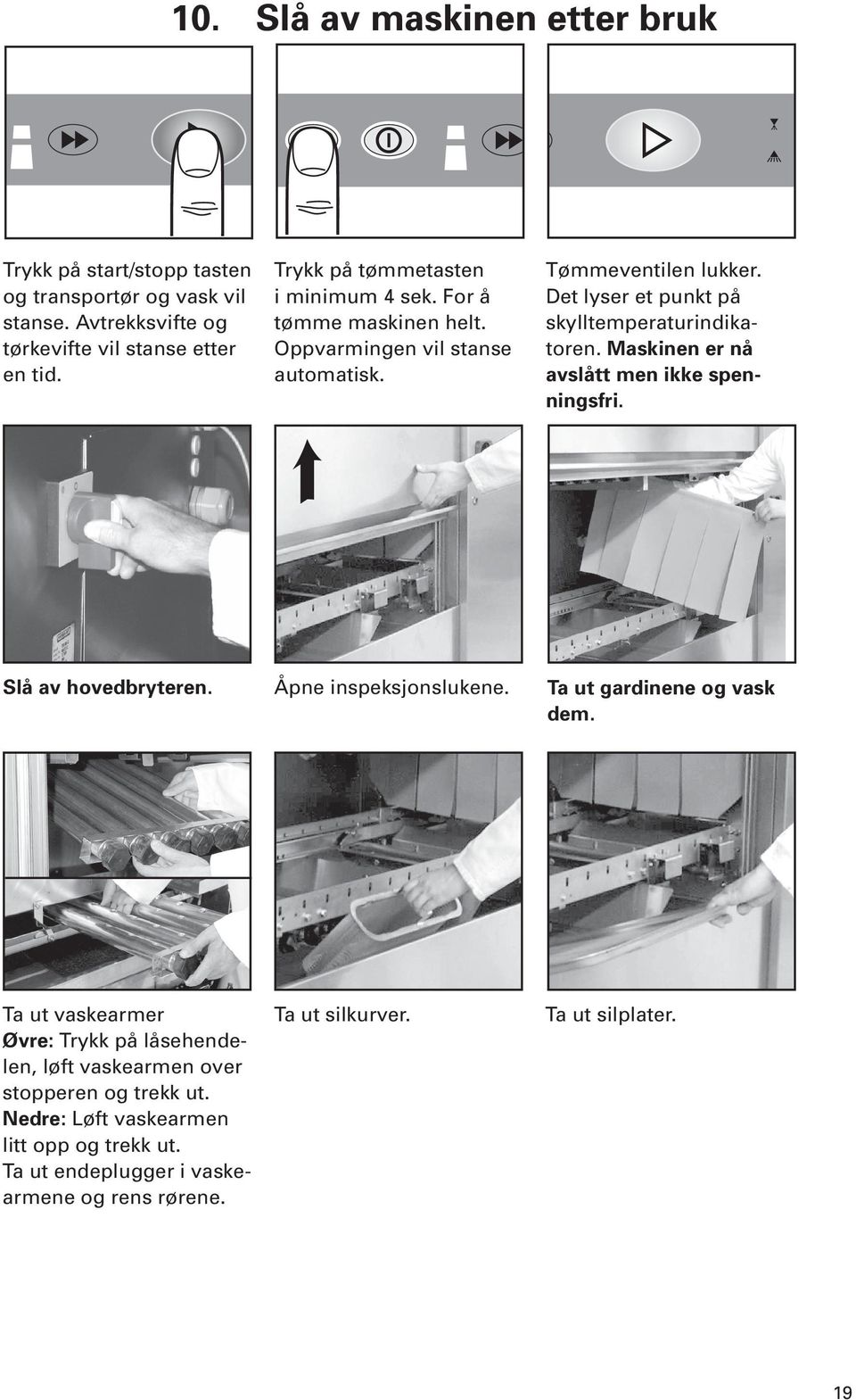 Det lyser et punkt på skylltemperaturindikatoren. Maskinen er nå avslått men ikke spenningsfri. Slå av hovedbryteren. Åpne inspeksjonslukene.