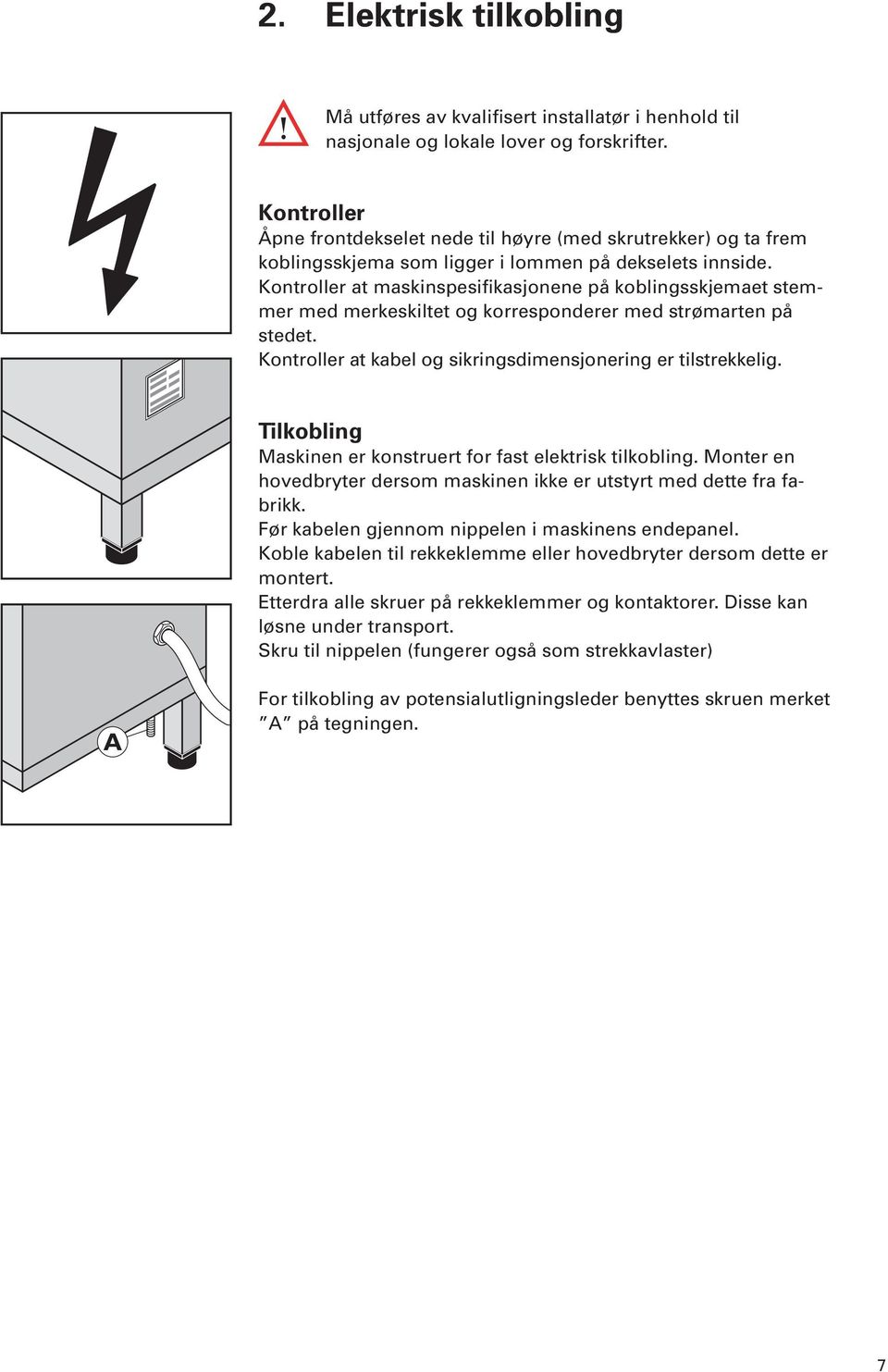 Kontroller at maskinspesifikasjonene på koblingsskjemaet stemmer med merkeskiltet og korresponderer med strømarten på stedet. Kontroller at kabel og sikringsdimensjonering er tilstrekkelig.