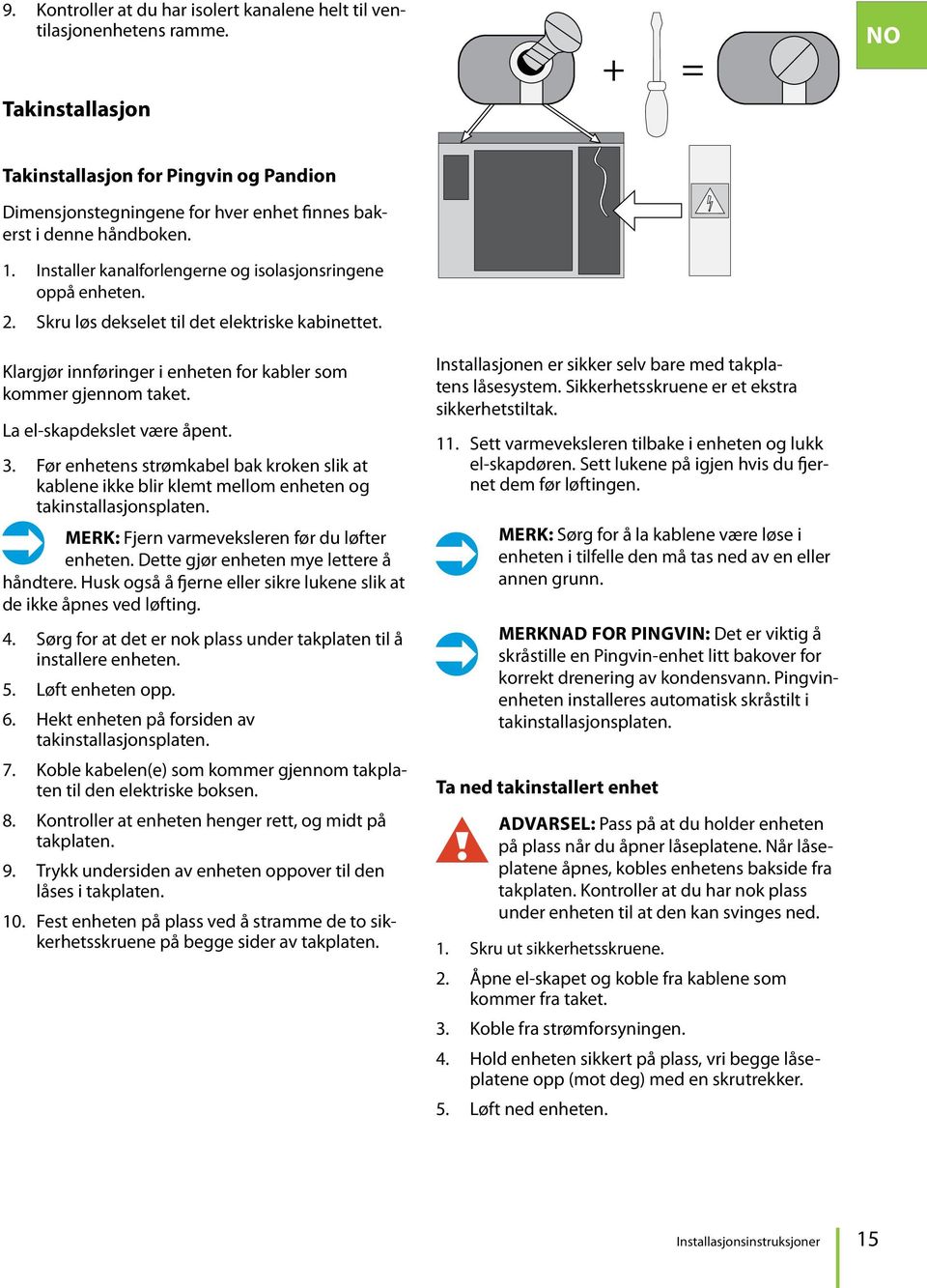 Skru løs dekselet til det elektriske kabinettet. Klargjør innføringer i enheten for kabler som kommer gjennom taket. La el-skapdekslet være åpent. 3.